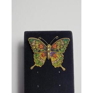 Vintage Gold Tone Glittery Enamel Butterfly Brooch Pin Multi Color Green Orange